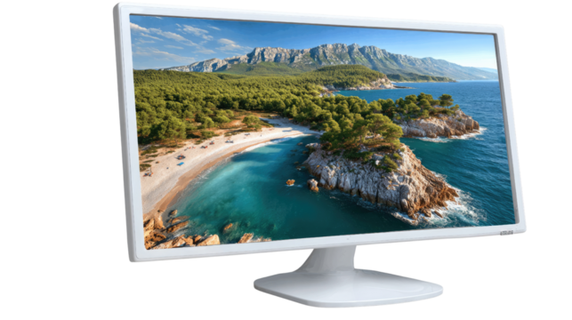 Scenic Display: A modern computer monitor showcases a breathtaking landscape view, presenting nature's beauty in sharp, vibrant detail. 
