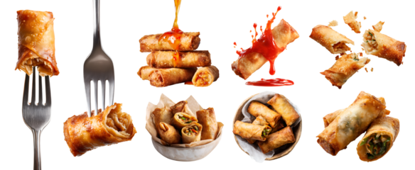 Set of egg spring roll, crispy fried wrapped pastry snack with savoury vegetable meat filling, takeaway bowl, salsa ketchup sauce dip, fork, halved broken pile stack on transparent cutout PNG. Mockup