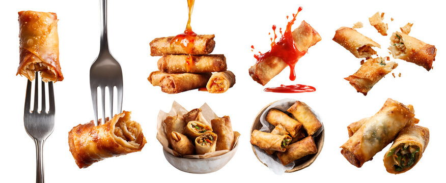 Set of egg spring roll, crispy fried wrapped pastry snack with savoury vegetable meat filling, takeaway bowl, salsa ketchup sauce dip, fork, halved broken pile stack on transparent cutout PNG. Mockup