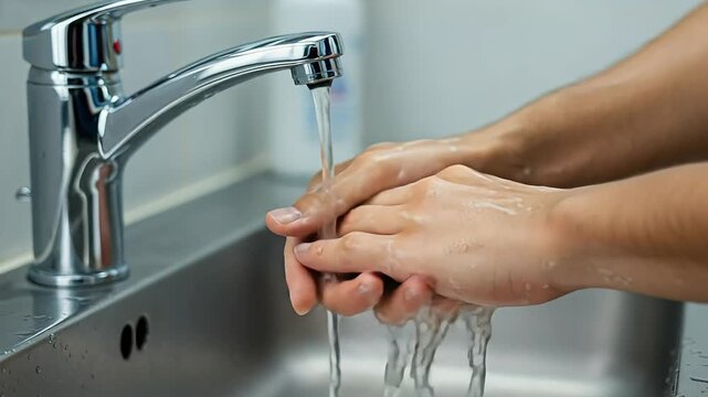 Person washing hands under a modern faucet, emphasizing hygiene in a clean kitchen environment
