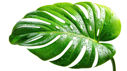 Monstera Deliciosa Leaf: A close-up shot reveals a single, vibrant green Monstera Deliciosa leaf, showcasing its iconic, fenestrated form with intricate details. The lush leaf is fresh.