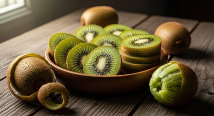 Sliced kiwis in a rustic bowl on a wooden table