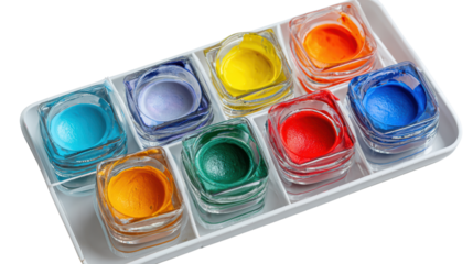 A vibrant palette with eight colors in glass containers on a white isolated background.