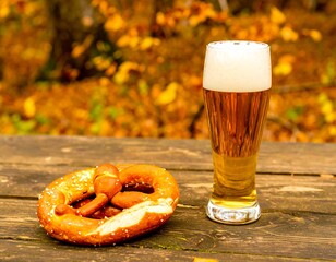 Autumn beer and pretzel