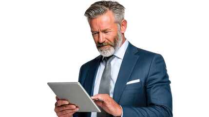 Focused Executive and Digital Tablet: A distinguished mature business executive, engrossed in his digital tablet.