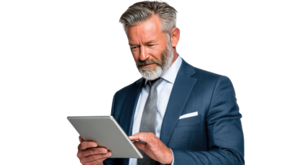 Focused Executive and Digital Tablet: A distinguished mature business executive, engrossed in his digital tablet.