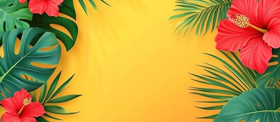 Tropical foliage arrangement on a mustard yellow background