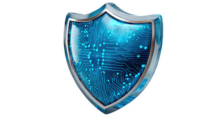 Digital Shield: A sophisticated shield symbolizes robust cybersecurity, its futuristic design encompassing intricate digital circuits and glowing components.