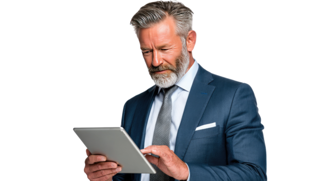 Focused Executive and Digital Tablet: A distinguished mature business executive, engrossed in his digital tablet.
