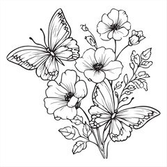 A black and white illustration of a butterfly delicately perched on a flowering stem, showcasing intricate details and a sense of gentle beauty