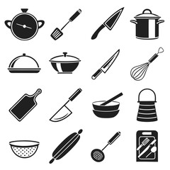 Kitchen Utensil Silhouette Icon Set Featuring Pots, Pans, Spatulas, Knives, Whisks, Bowls, and Cooking Tools for Culinary, Baking, and Food Preparation SVG Craft Projects

