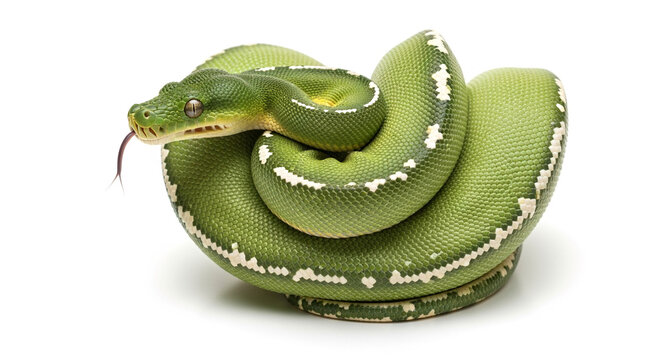 Green tree python snake curled up isolated on white background reptile pet exotic animal wildlife nature