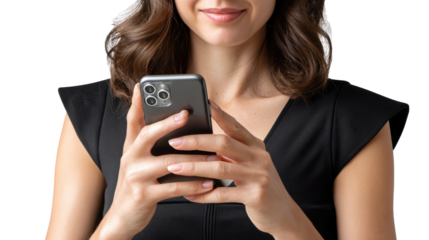 Smartphone in Hand: A close-up captures the sophisticated elegance as a woman delicately interacts with her smartphone, radiating style and grace. 