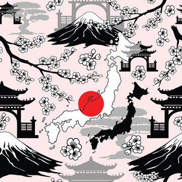 Japan Map, Flag, Temple, Bonsai, Mount Fuji, cherry Flowers branch Vector Repeat Seamless Pattern Design
