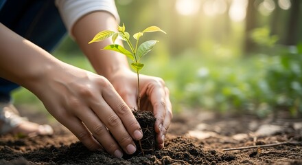 hands planting a young green seedling in soil outdoors