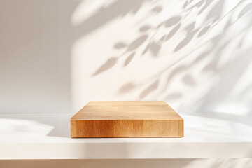 Natural wooden empty podium for presentation on white surface with soft leaf shadows. Concept of Scene stage showcase for beauty and spa products, cosmetics, promotion sale or advertising