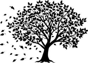 Tree with Falling Leaves Silhouette