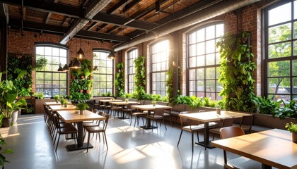 Fototapeta premium Modern Restaurant Interior with Brick Walls, Windows, Plants, and Sunlight.
