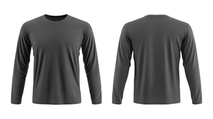 Plain dark gray long sleeve round neck shirt 3D mockup, featuring front and back views for showcasing your apparel designs on white background