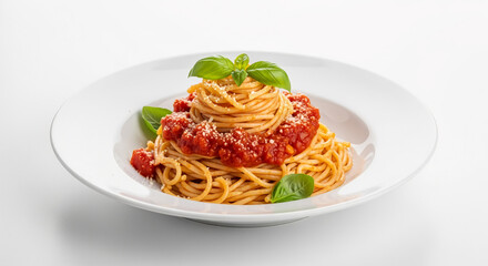 Delicious spaghetti with tomato sauce and basil leaves on a white plate italian food pasta dish recipe idea