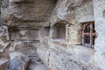 Exterior view of cave monastery in Orheiul Vechi natural and historical complex near Trebujeni...
