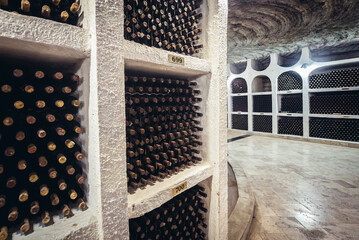 Collections of wine bottles in cellars of famous winery in Cricova town, Moldowa