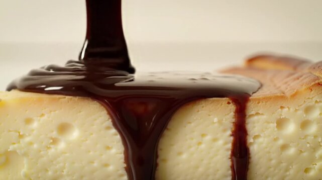 Delicious Basque Cheesecake Glazed With Rich Chocolate Sauce Close Up View