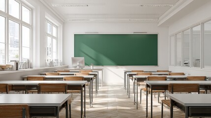 Empty Classroom Interior with Green Chalkboard and Desks, Ready for Students and Education