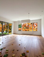 Autumn leaves on light wood floor