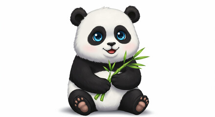 Naklejka premium A cute cartoon panda cub sits holding a small bunch of green bamboo shoots against a white background.