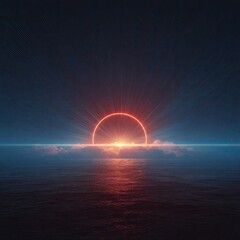 Red ring sunrise over calm ocean, dark sky, cloudscape, digital art, science fiction backdrop