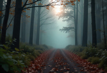 Obraz premium Sunlight Breaking Through A Misty Forest Path Covered In Autumn Leaves