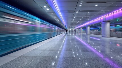 Modern Subway Train Arriving at Station with Motion Blur and Futuristic Lighting Design