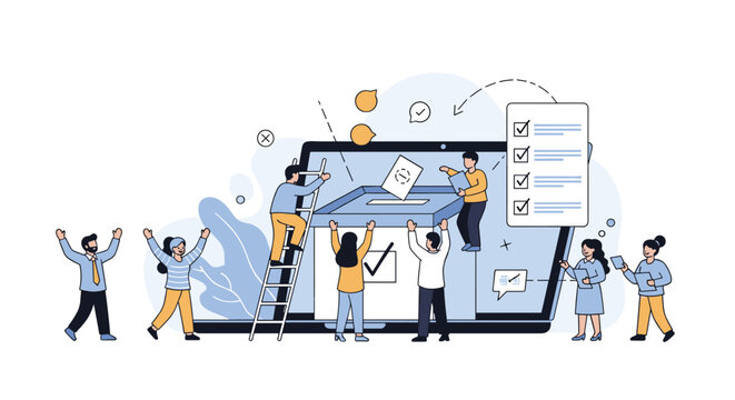 Digital voting process explained with people participating in online elections using a laptop and checklist