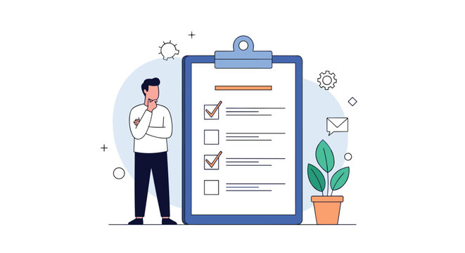 A thoughtful man stands next to a clipboard with a detailed checklist and progress markers