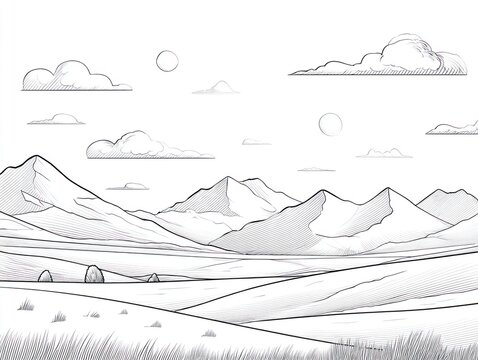 A sketched mountain range with soft clouds, grassy foreground, and simple suns in the sky