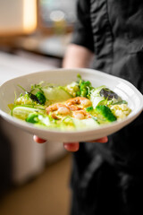 Close-up of a chef holding a bowl of fresh shrimp salad with broccoli, cucumber, and greens. Healthy, vibrant dish with gourmet presentation