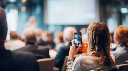 Audience Member Capturing Presentation on Smartphone at Corporate Conference, Technology and Learning Concept