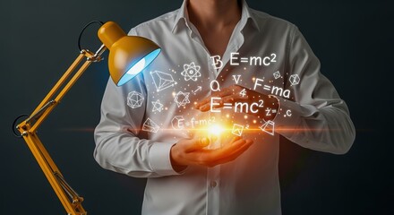 Physics Knowledge: Person Holding a Tablet Displaying Equations and Symbols with Illuminating Lamp for Education