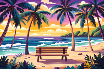 Obraz premium Tropical beach landscape with tall palm trees, golden sand, turquoise sea waves cartoon wallpaper