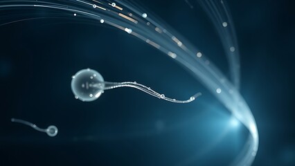 Quantum sperm cells navigating warped spacetime, their trails defying gravitational laws.