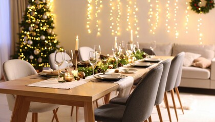Obraz premium Elegant Dining Table Adorned with Festive Christmas Decorations and Softly Glowing Candles for Cheer