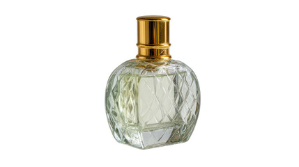 Elegant perfume bottle with diamond pattern design on a white background.