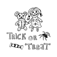 Festive design for Halloween party invitations with creepy yet cute toy characters and handwritten text Trick or Treat. Perfect for children parties. Doodle-style illustrations and decorative elements