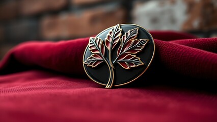 Black-red-gold enamel brooch with oak leaf motif, representing dignified symbolism.