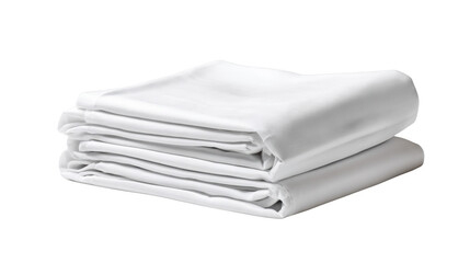 Folded white bed sheets stacked neatly on a clean surface, isolated on white background.