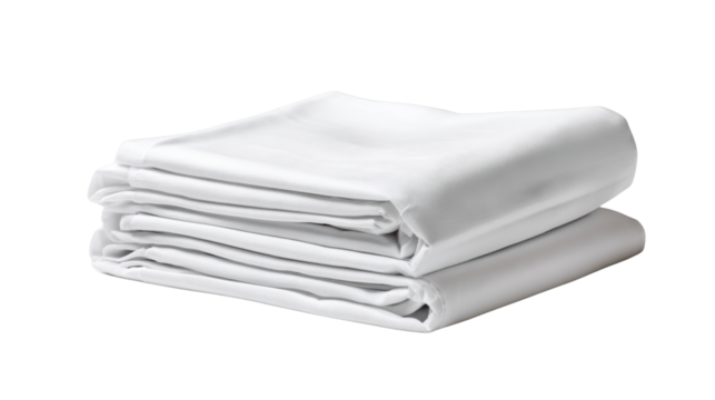 Folded white bed sheets stacked neatly on a clean surface, isolated on white background.