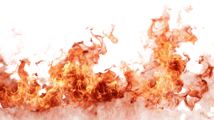Flames of fire in dynamic motion, isolated on a transparent background.