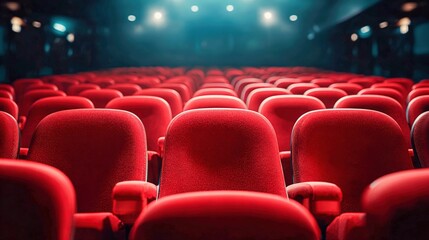 Obraz premium Empty Theater Seats Rows in Auditorium with Stage Lighting, Ready for Show, Film, or Performance