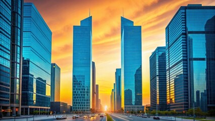 Modern cityscape at sunset with tall skyscrapers and dramatic sky